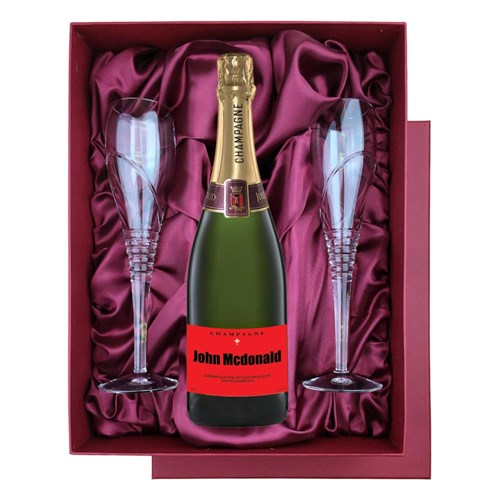 Personalised Champagne - Red Label in Red Luxury Presentation Set With Flutes